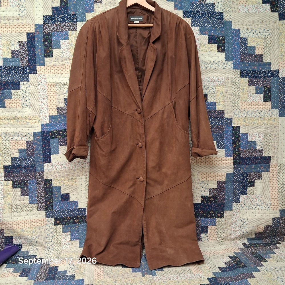 Vintage 80s Maurices Leather Maxi Trench Coat Womens S Cognac Brown Long Duster